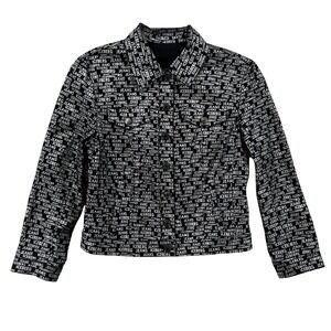 Iceberg Jeans Jacket Womens 42 Black White All Over Logo Print Button Up Italy